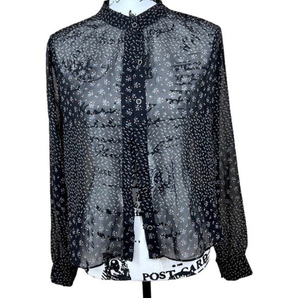 FOREVER 21 black blouse floral sheer  button up long sleeve top size S
